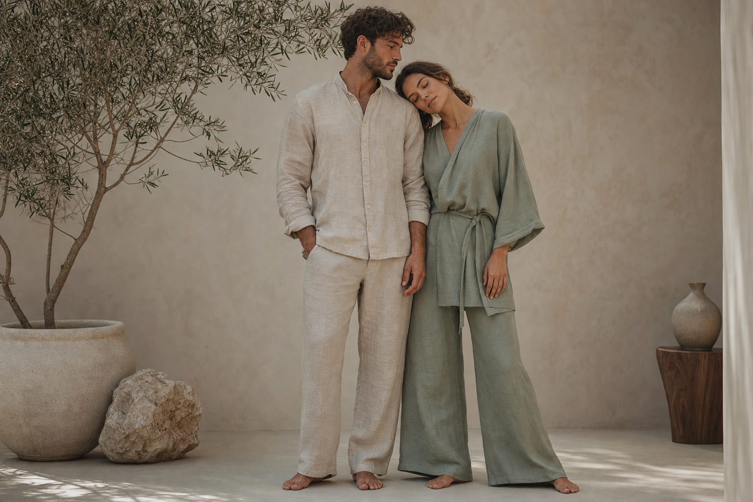 A couple in natural linen clothing in a calm, zen setting